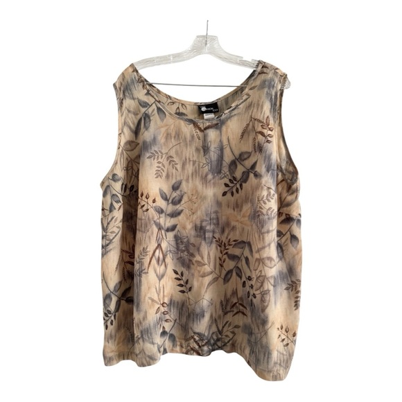 FIRST OPTION TOO Women’s Tan Floral Trees Sleeveless Blouse-PLUS 3X - Picture 1 of 8